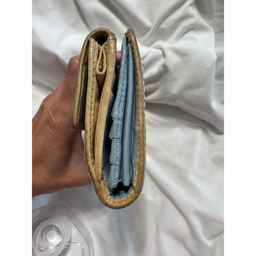Coach Signature C Jacquard Turnlock Trifold Wallet Brown Tan Light Blue Interior